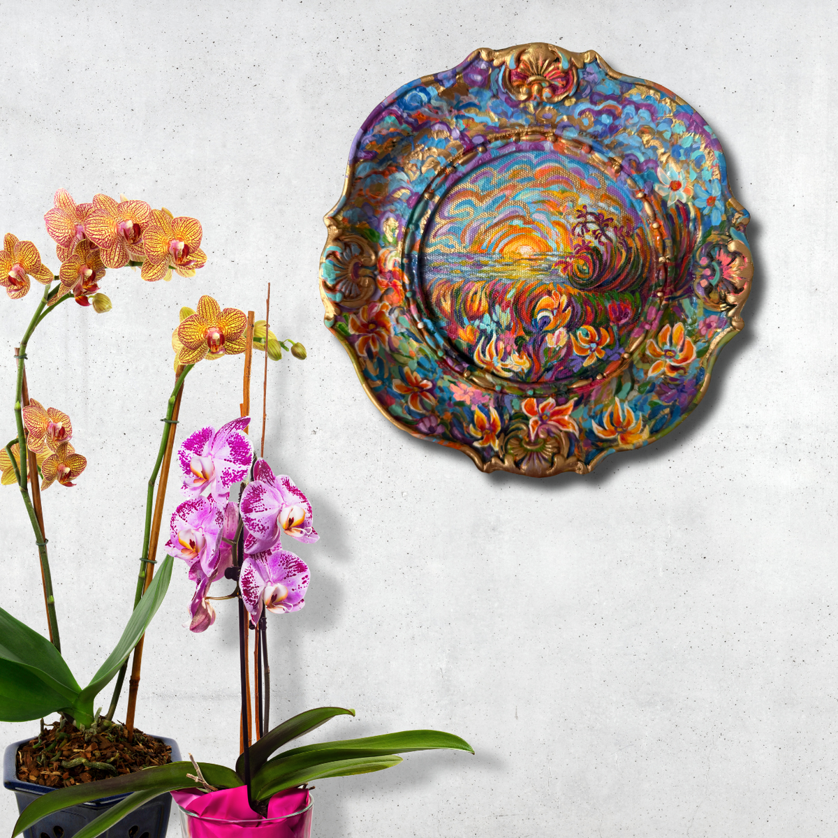 Gerahmtes Gartenblumenbild, Original-Gouachemalereien auf Leinwand und Rahmen