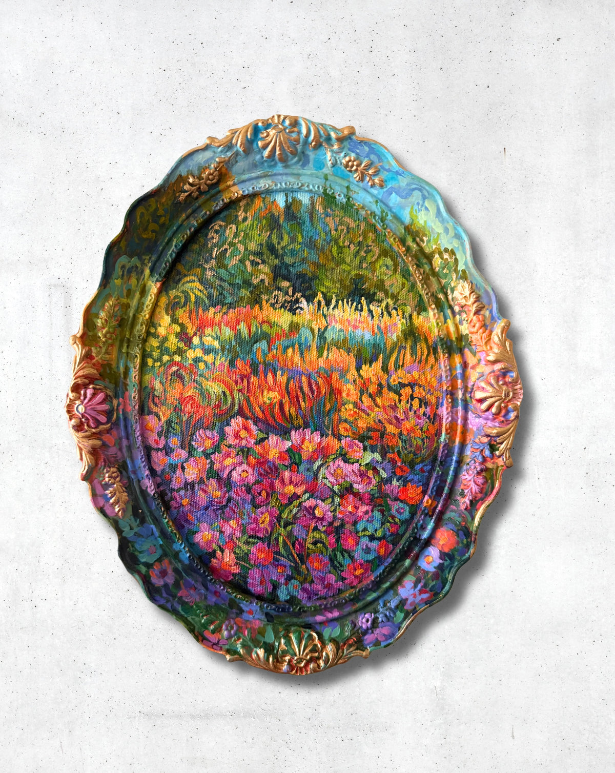 Gerahmtes Gartenblumenbild, Original-Gouachemalereien auf Leinwand und Rahmen