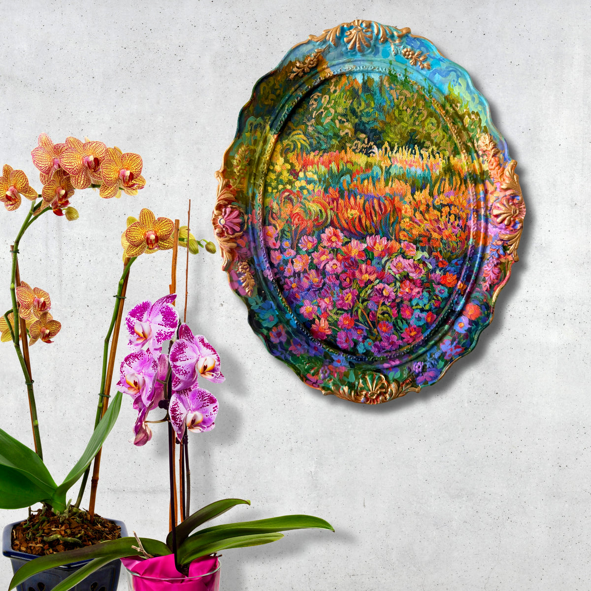 Gerahmtes Gartenblumenbild, Original-Gouachemalereien auf Leinwand und Rahmen
