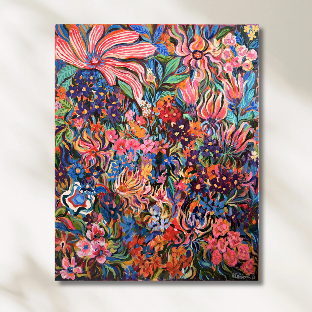 XL Original Acrylfarben Blumen Gouache Acryl Gemälde, gespannte Leinwand