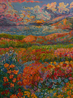 Vibrant sunset, landscape Original Oil Painting, Colorful Floral Landscape