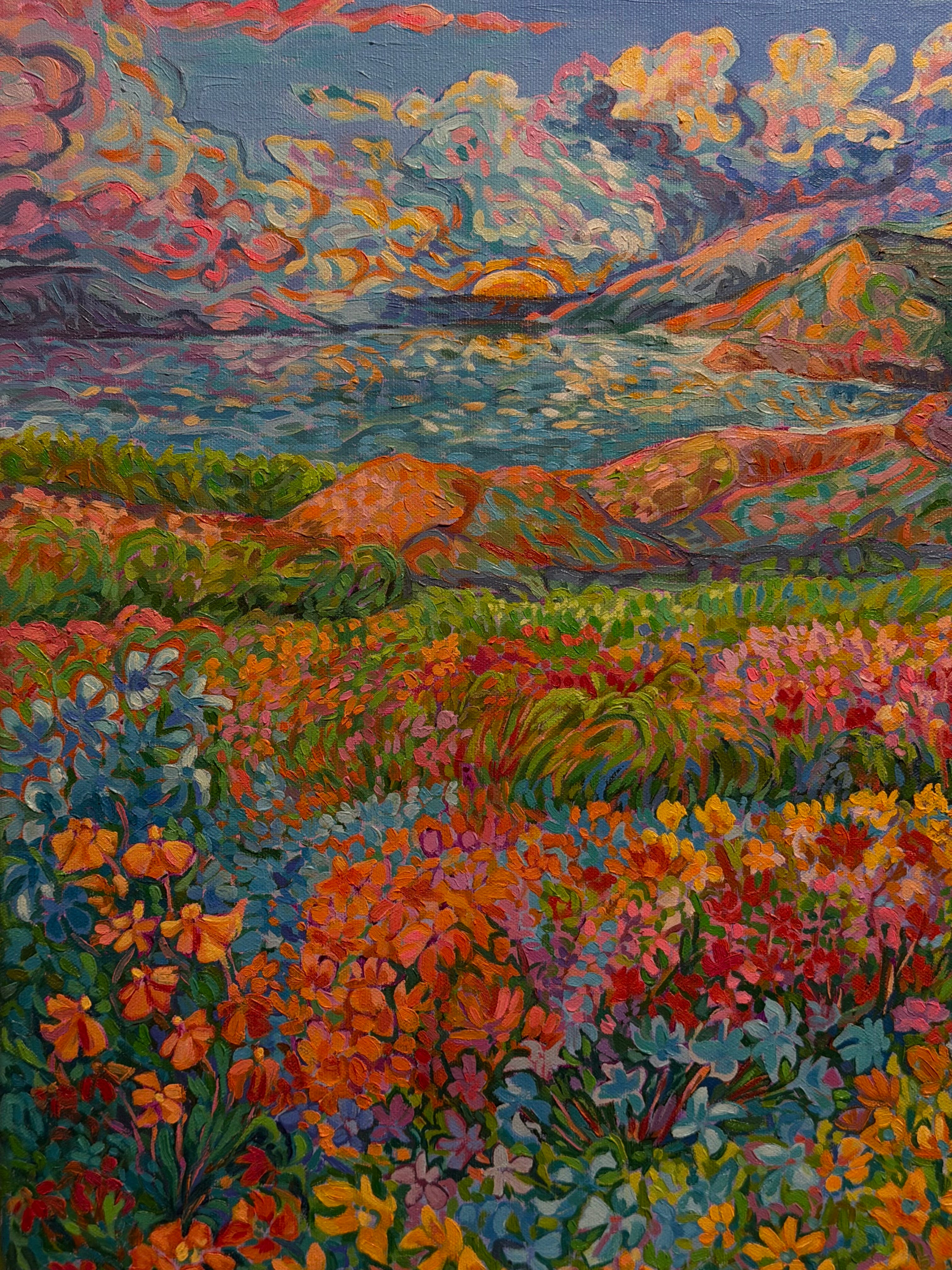 Vibrant sunset, landscape Original Oil Painting, Colorful Floral Landscape