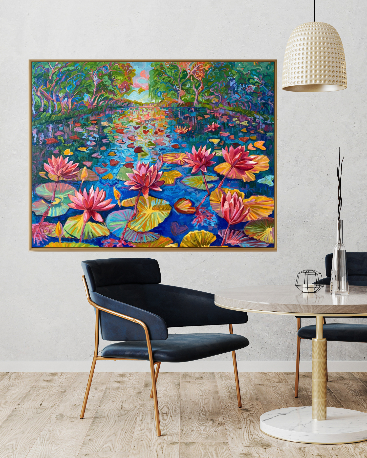 "Vibrant Waterlilies", Original Oil Painting Vibrant landscape in impressionism