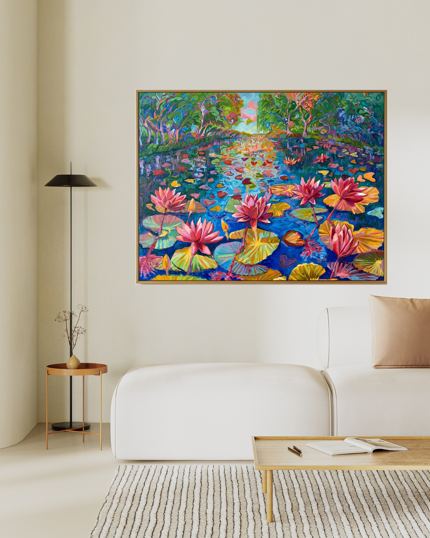 "Vibrant Waterlilies", Original Oil Painting Vibrant landscape in impressionism