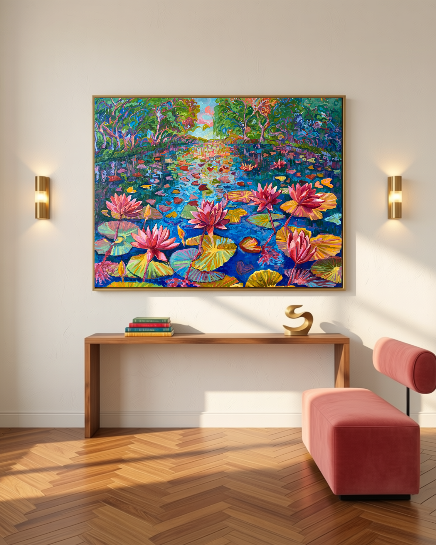 "Vibrant Waterlilies", Original Oil Painting Vibrant landscape in impressionism