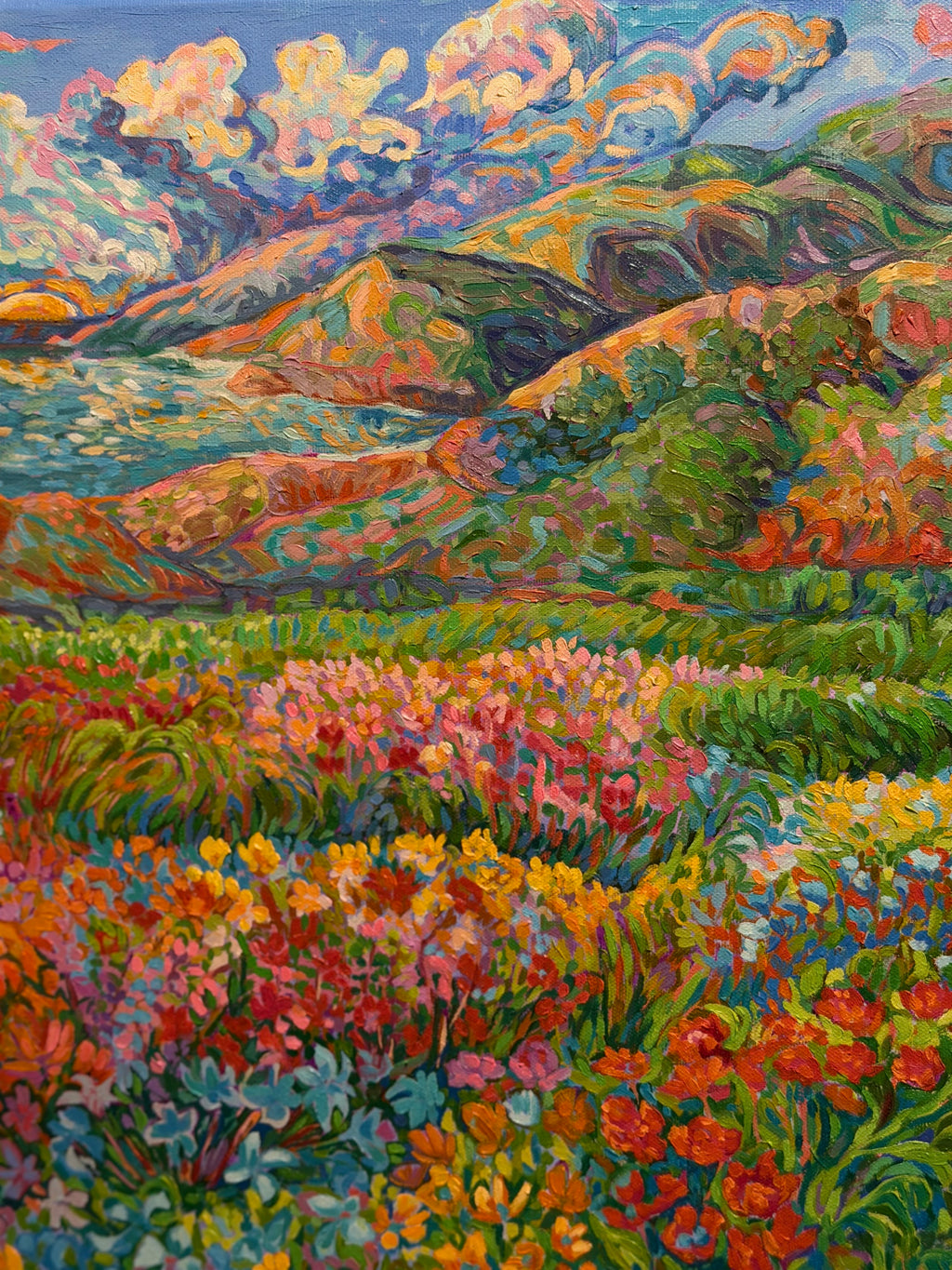 Vibrant sunset, landscape Original Oil Painting, Colorful Floral Landscape
