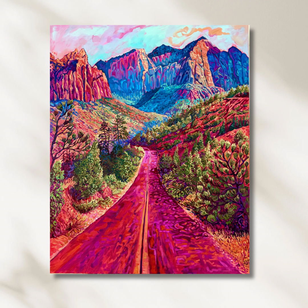 Original wertvolles Ölgemälde, rote Straße, Landschaft im Impressionismus und Expressionismus