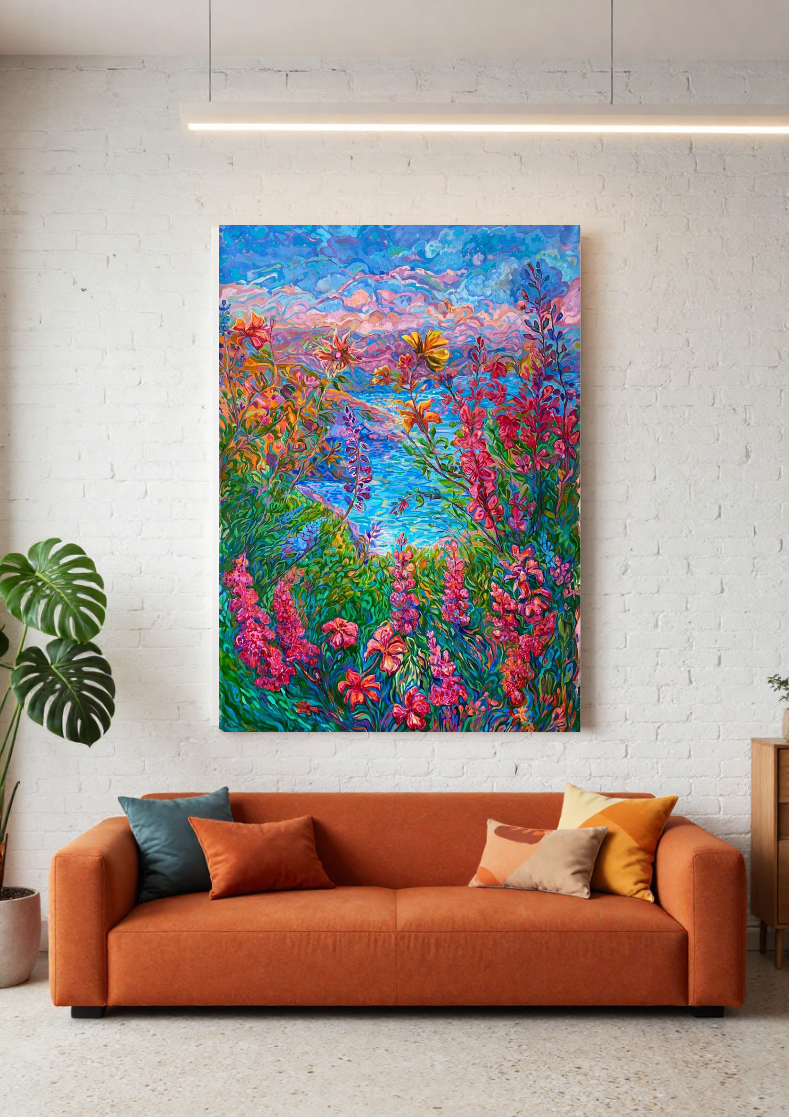 Original Oil Painting Vibrant landscape in impressionism, Blooming horizon