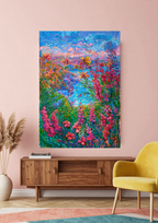 Original Oil Painting Vibrant landscape in impressionism, Blooming horizon