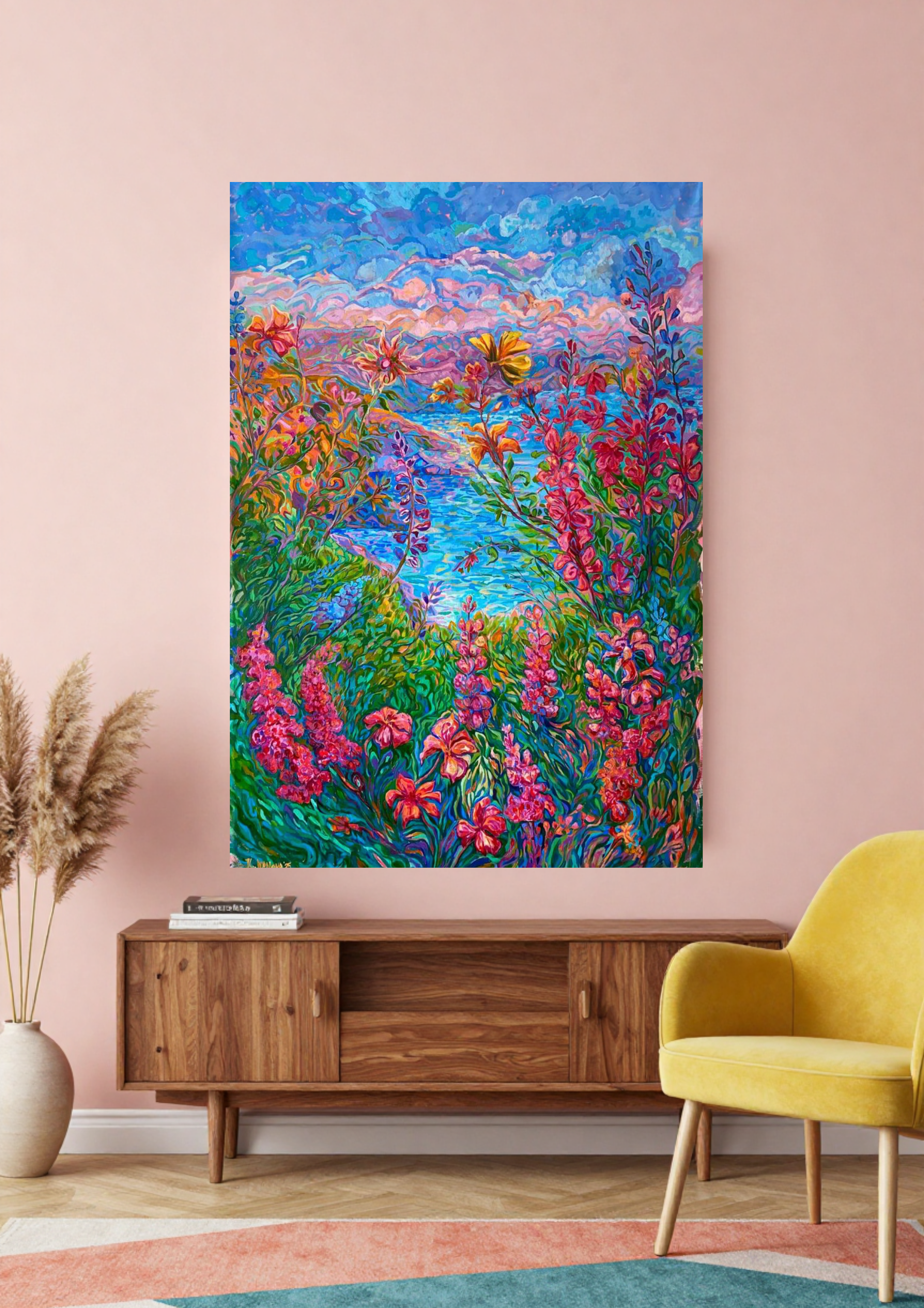 Original Oil Painting Vibrant landscape in impressionism, Blooming horizon