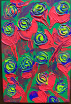 Original acrylic flowers, a set of three paintings, futuristic neon flowers painted on cardboard canvas