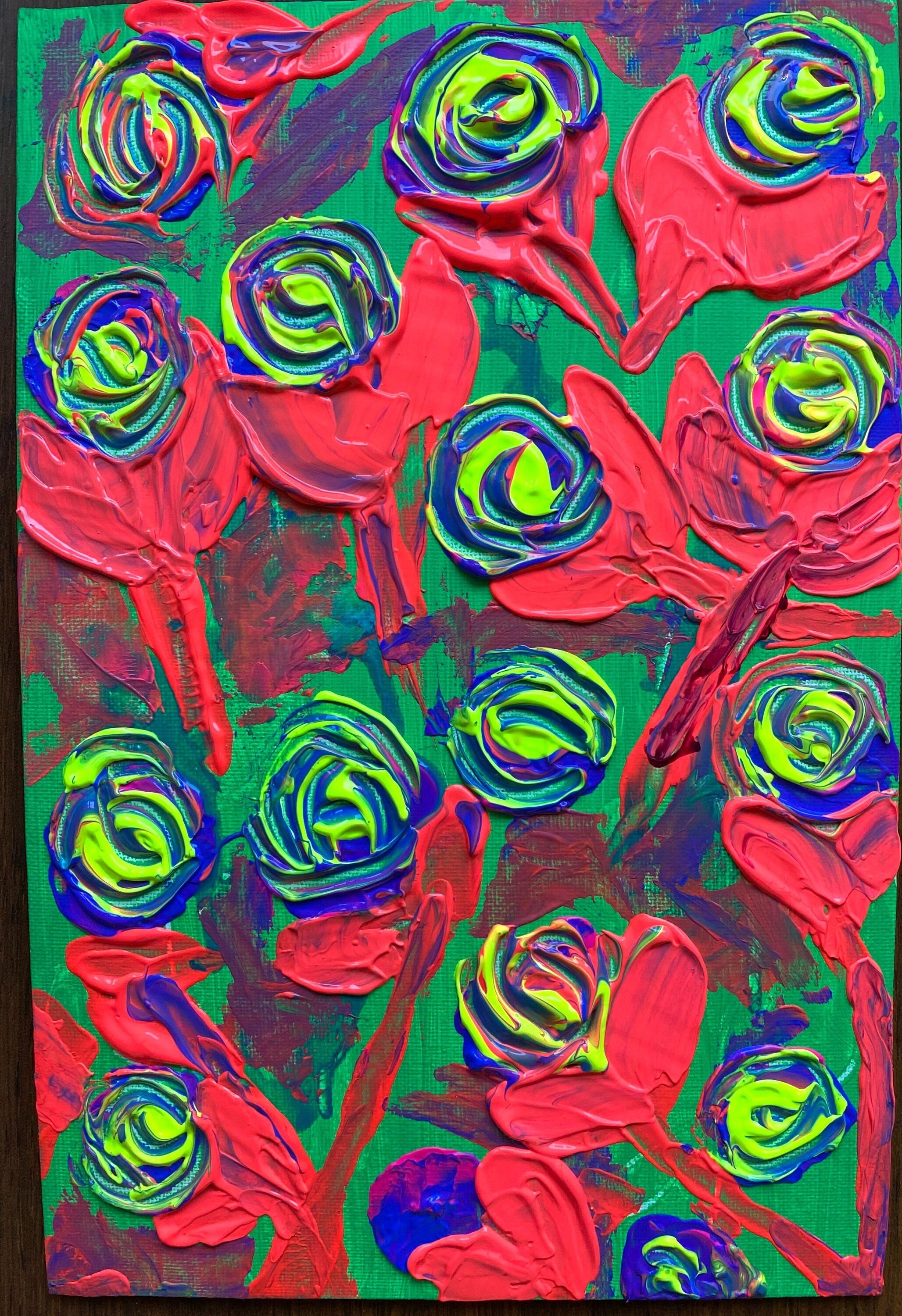 Original acrylic flowers, a set of three paintings, futuristic neon flowers painted on cardboard canvas