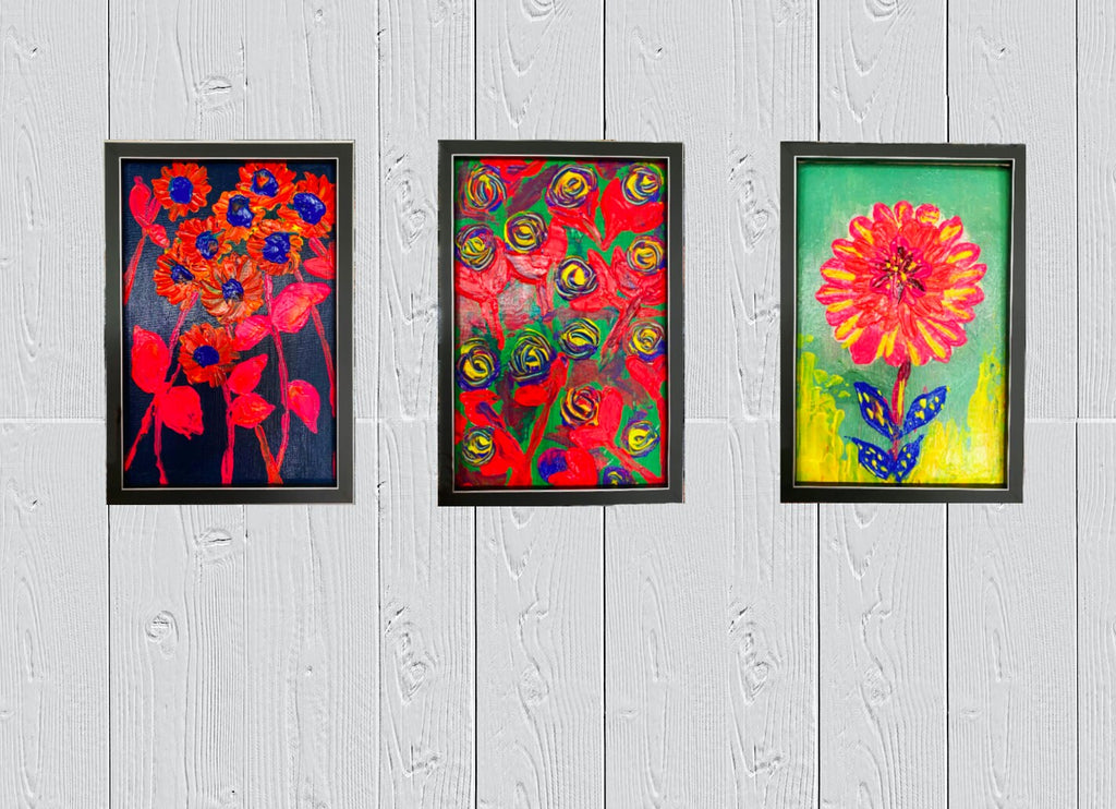 Original acrylic flowers, a set of three paintings, futuristic neon flowers painted on cardboard canvas
