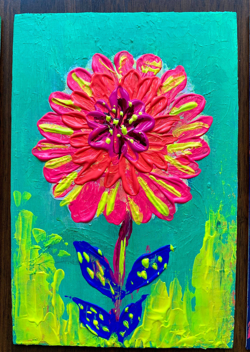 Original acrylic flowers, a set of three paintings, futuristic neon flowers painted on cardboard canvas