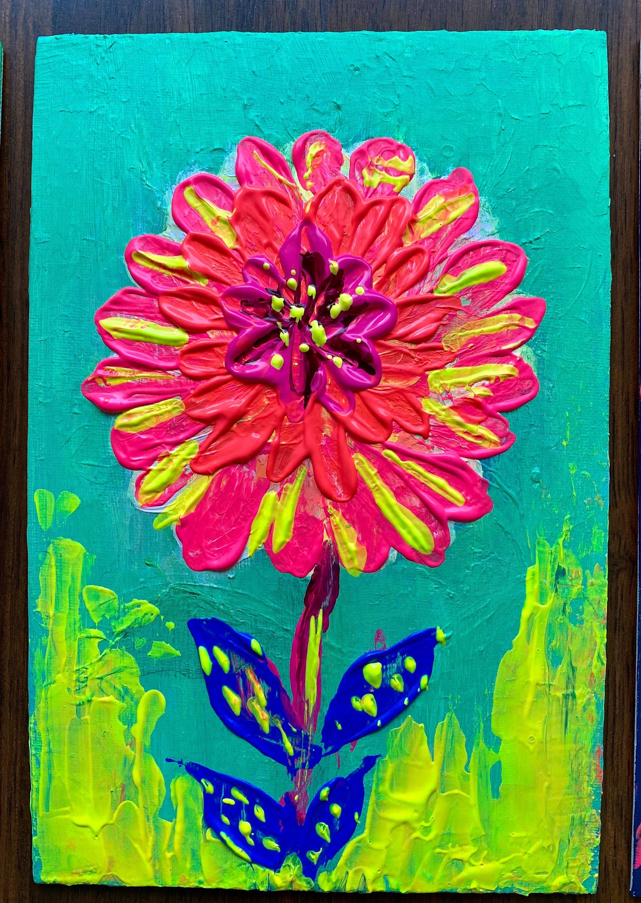 Original acrylic flowers, a set of three paintings, futuristic neon flowers painted on cardboard canvas