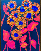 Original acrylic flowers, a set of three paintings, futuristic neon flowers painted on cardboard canvas