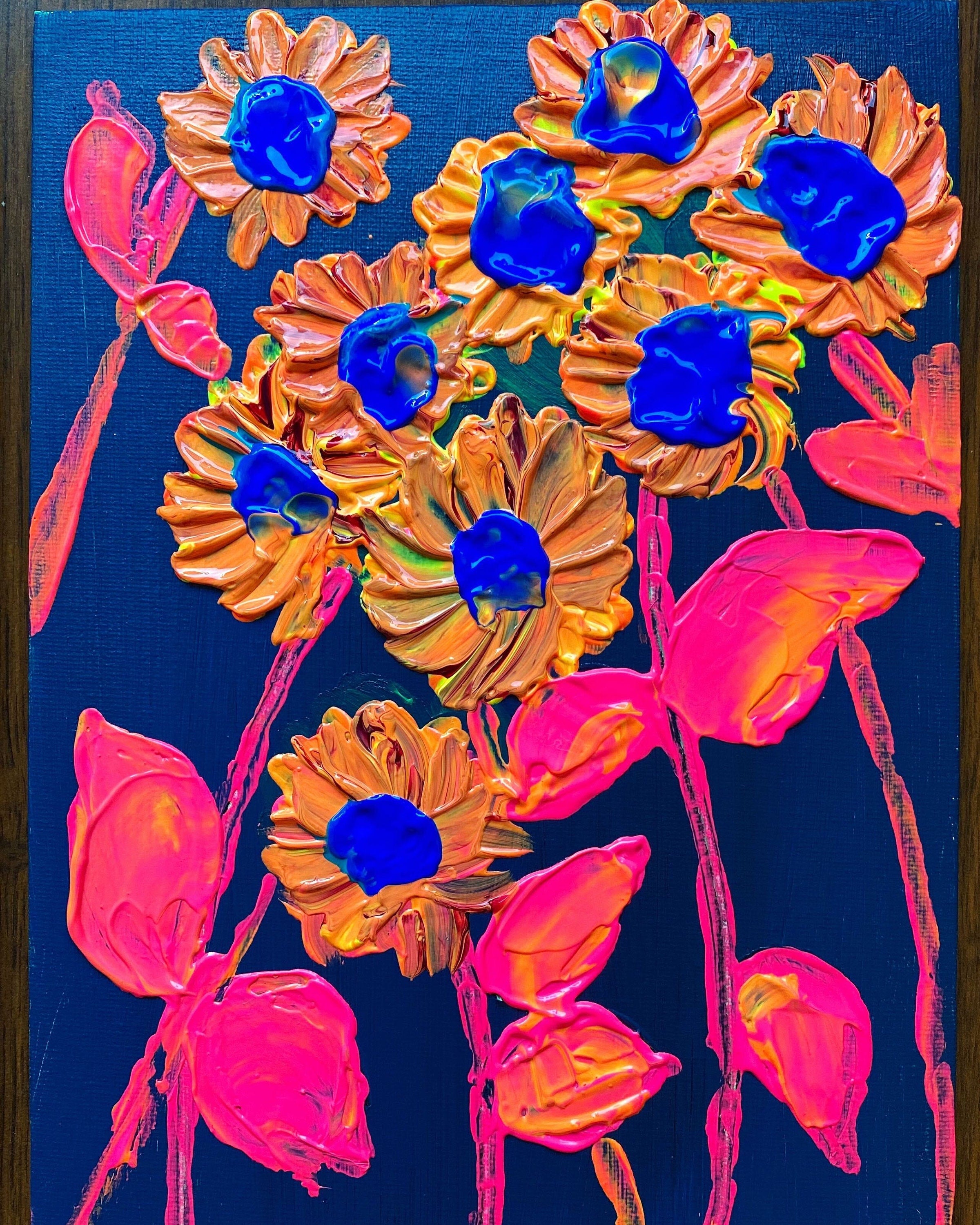 Original acrylic flowers, a set of three paintings, futuristic neon flowers painted on cardboard canvas