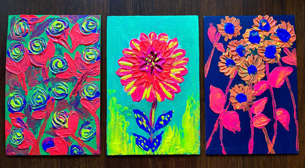 Original acrylic flowers, a set of three paintings, futuristic neon flowers painted on cardboard canvas