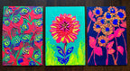 Original acrylic flowers, a set of three paintings, futuristic neon flowers painted on cardboard canvas