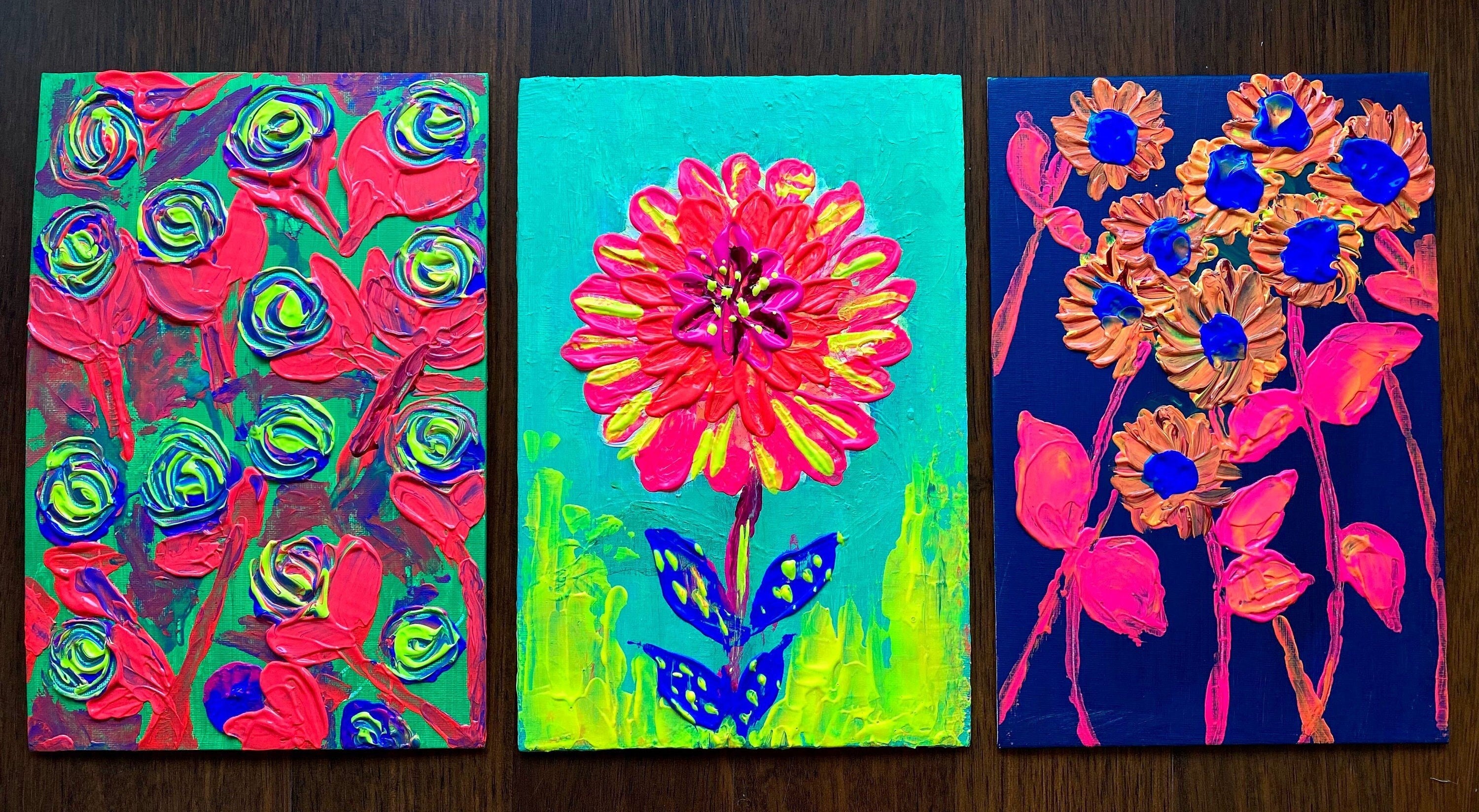 Original acrylic flowers, a set of three paintings, futuristic neon flowers painted on cardboard canvas