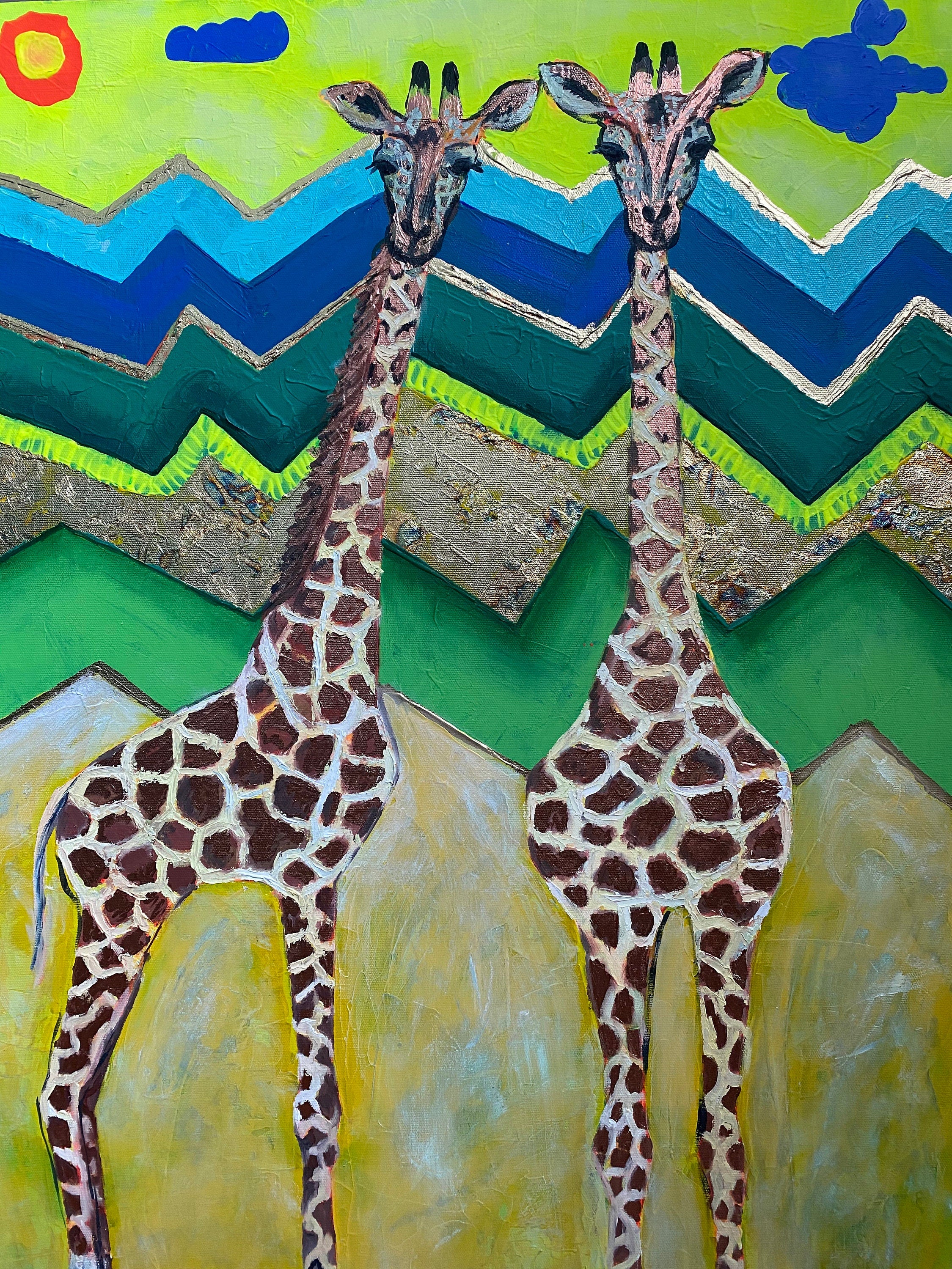 Original painting Giraffes painting in a geometric world, by Katerina Ivanova