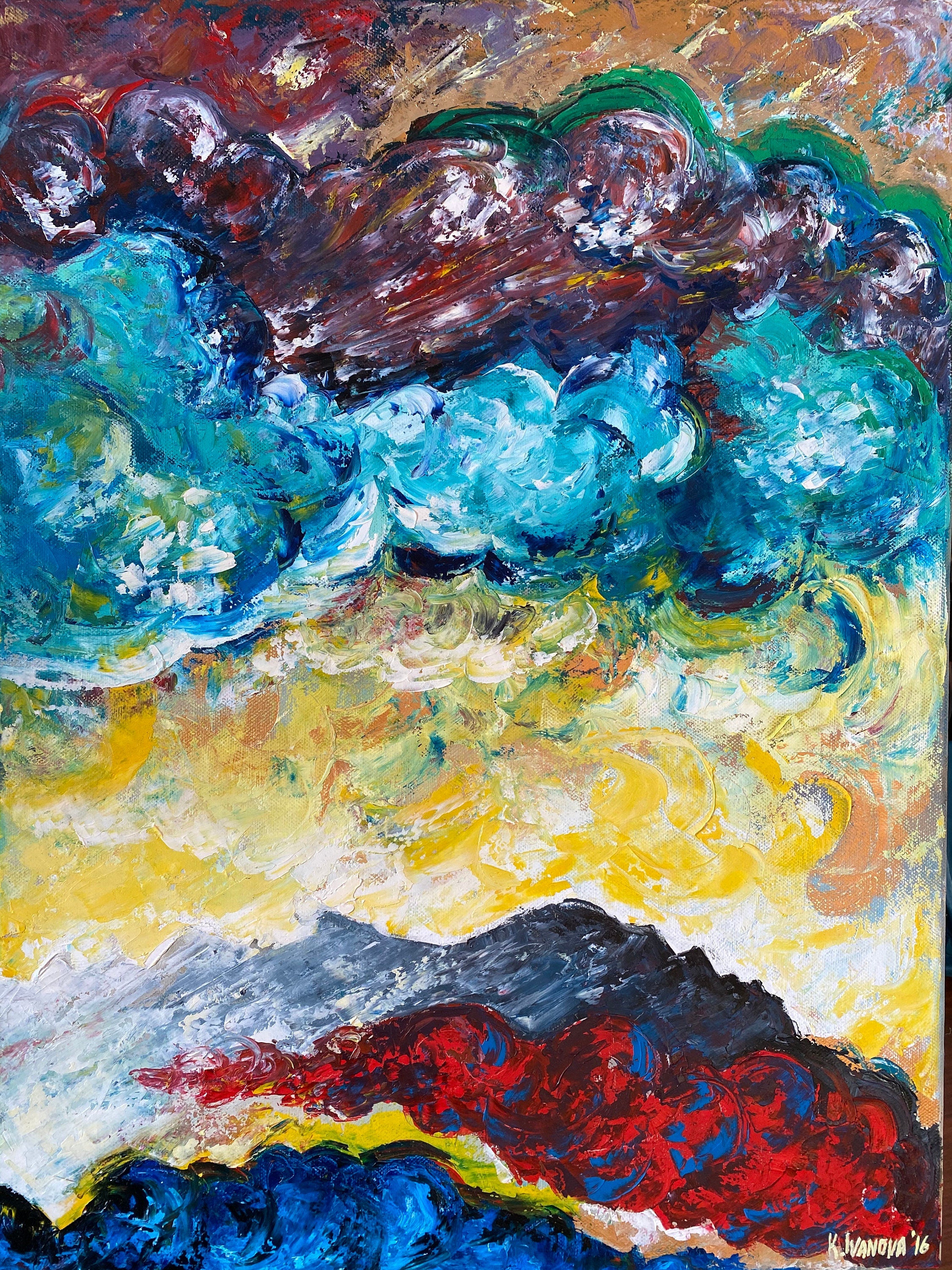Original oil painting, stretched canvas, clouds abstract art