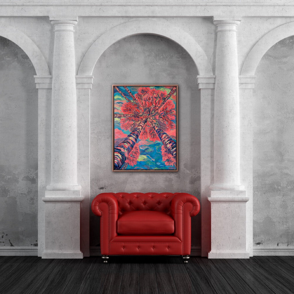 Original oil painting, united trees, pink landscape painting