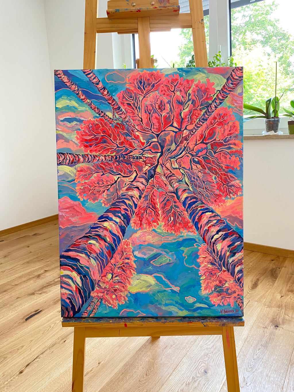 Original oil painting, united trees, pink landscape painting
