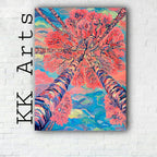 Original oil painting, united trees, pink landscape painting