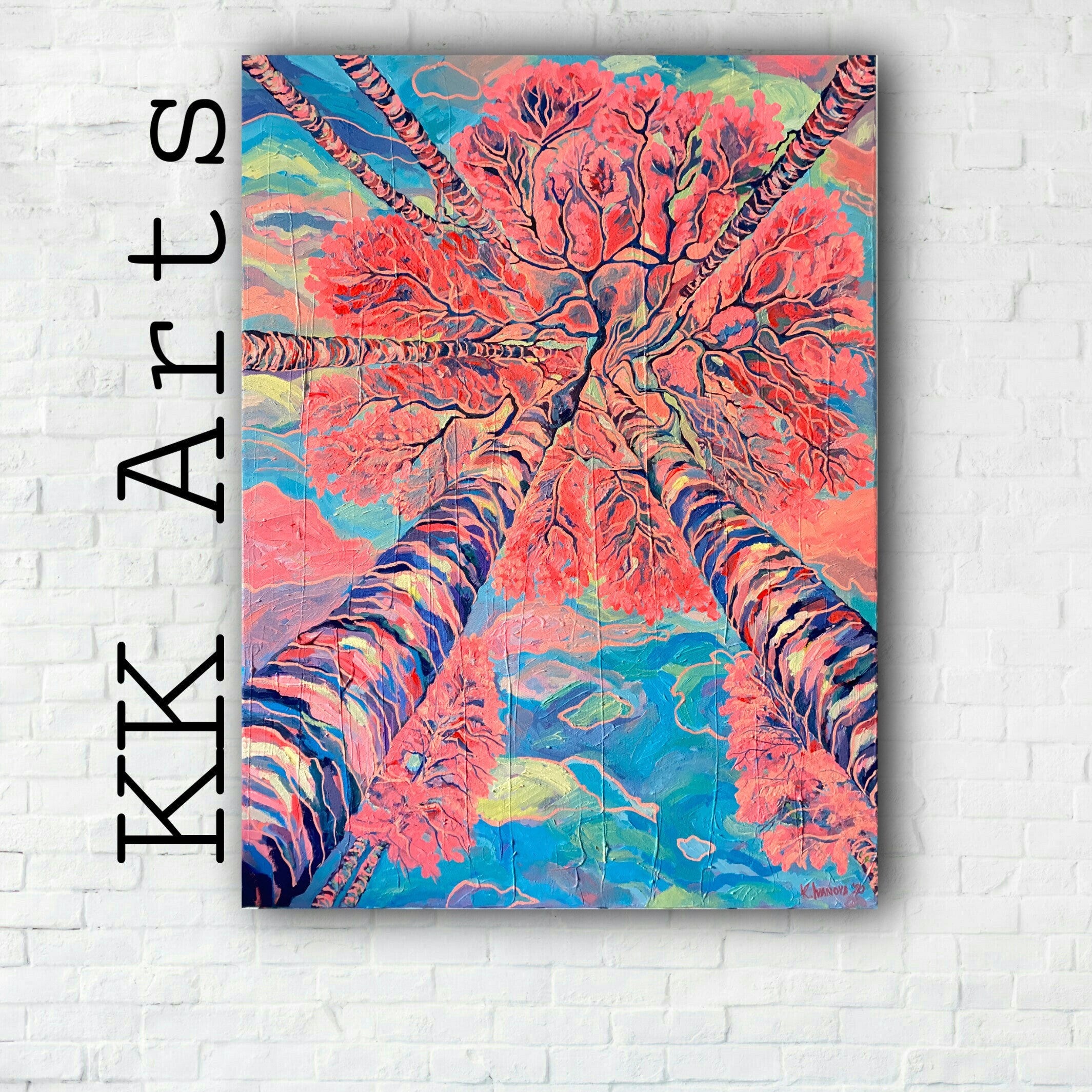 Original oil painting, united trees, pink landscape painting