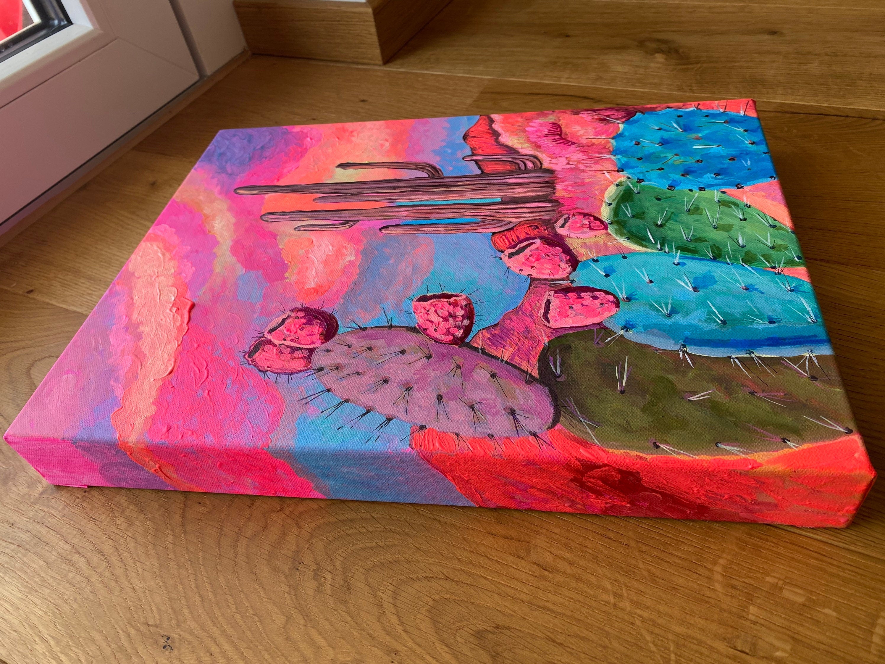 Original Cactus Painting: Vibrant Desert Landscape, Acrylic on Canvas