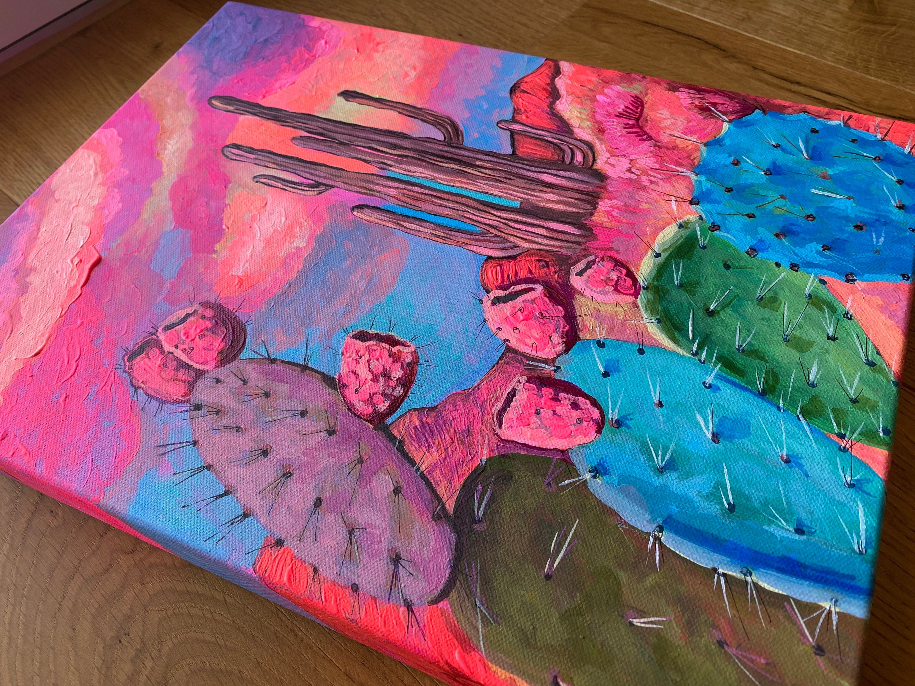 Original Cactus Painting: Vibrant Desert Landscape, Acrylic on Canvas