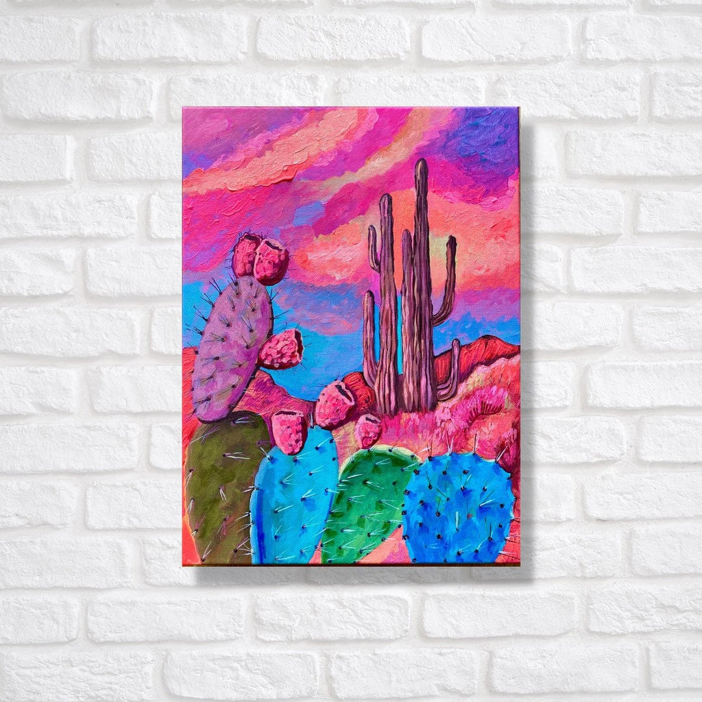Original Cactus Painting: Vibrant Desert Landscape, Acrylic on Canvas