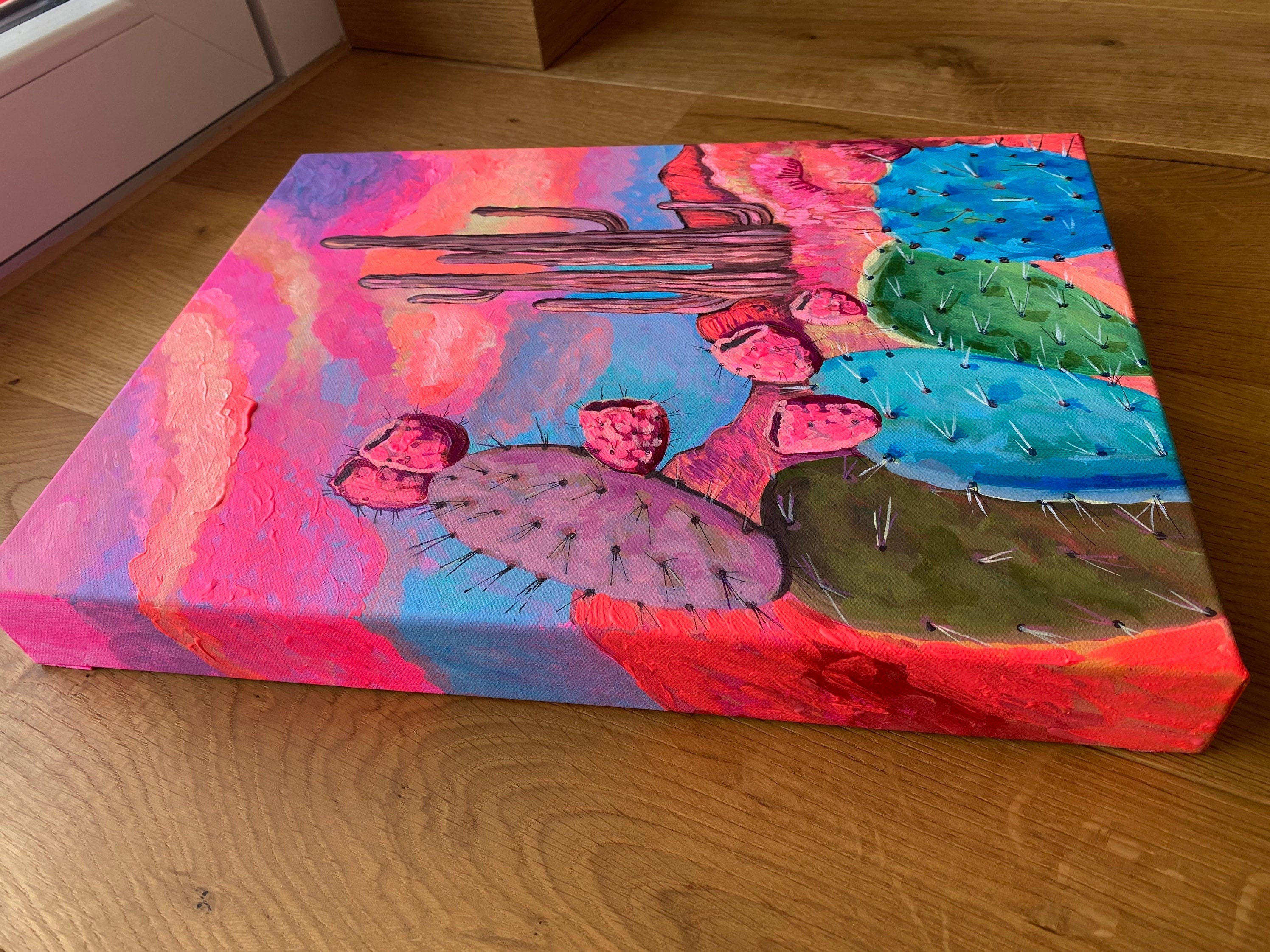 Original Cactus Painting: Vibrant Desert Landscape, Acrylic on Canvas