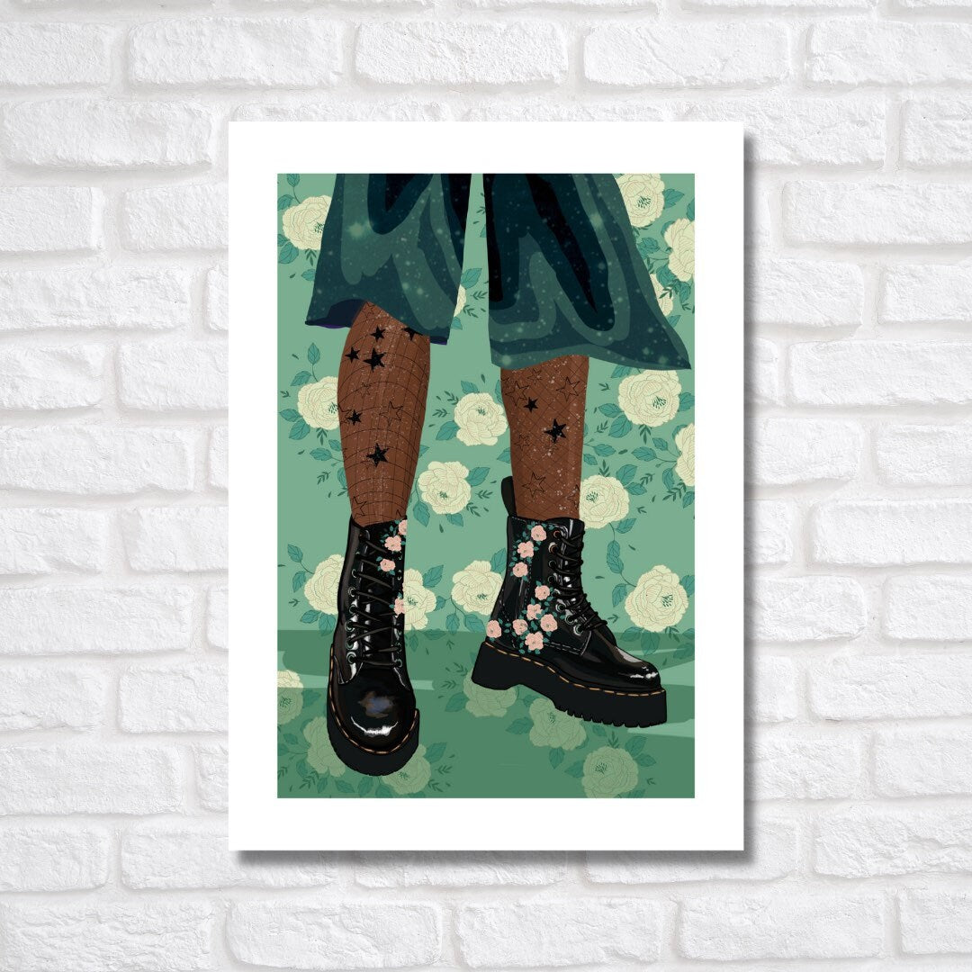 Rock Style Boots Art Print Galaxy Girl