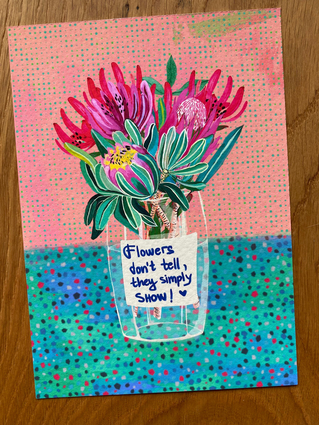 Proteas in vase - Original Art gently vibrant print, by KKArts