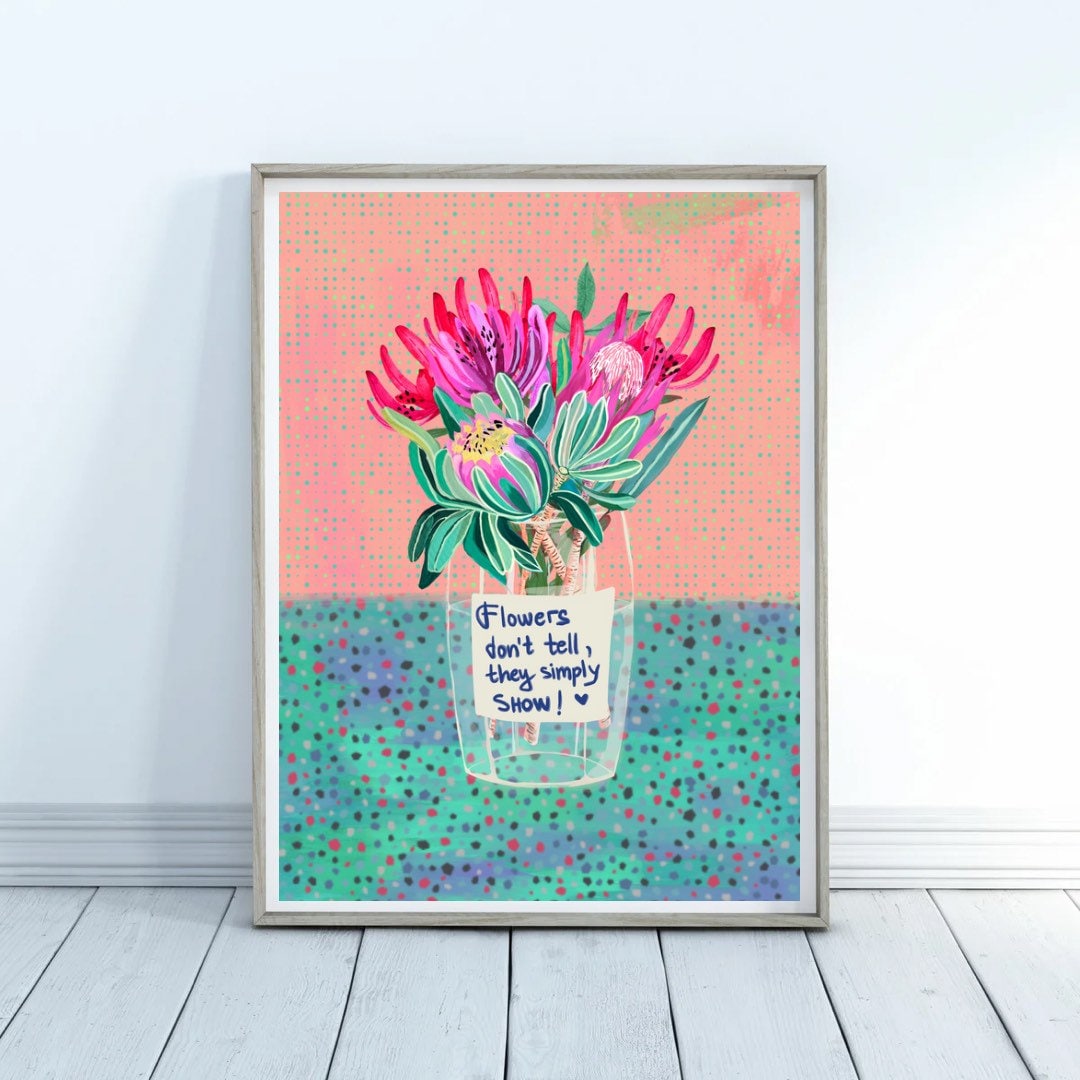 Proteas in vase - Original Art gently vibrant print, by KKArts