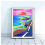 Vibrant sunset pop art print, seascape road art