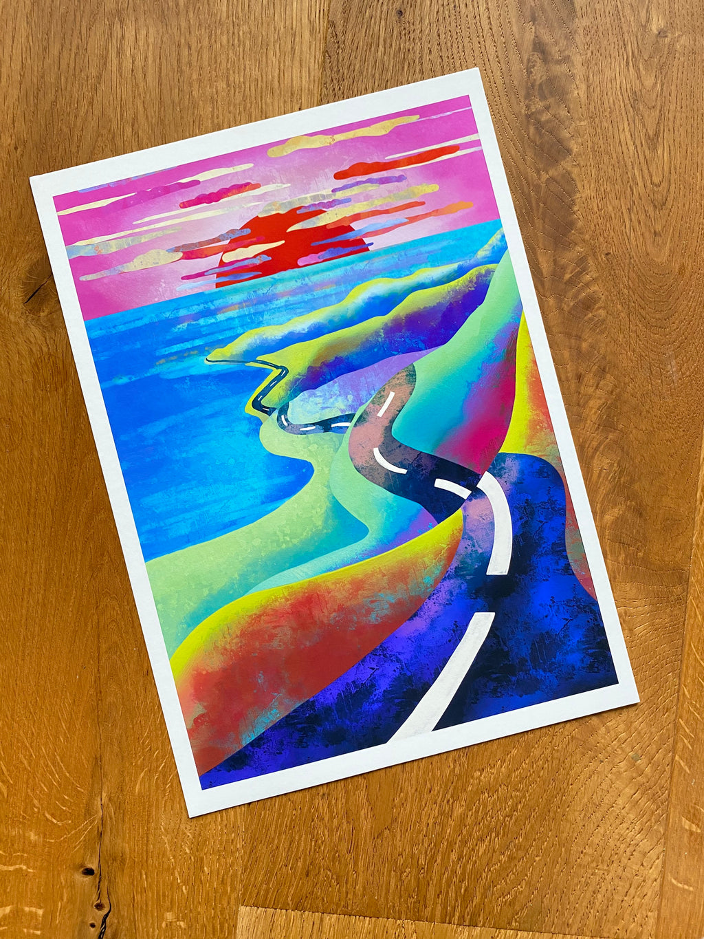 Vibrant sunset pop art print, seascape road art
