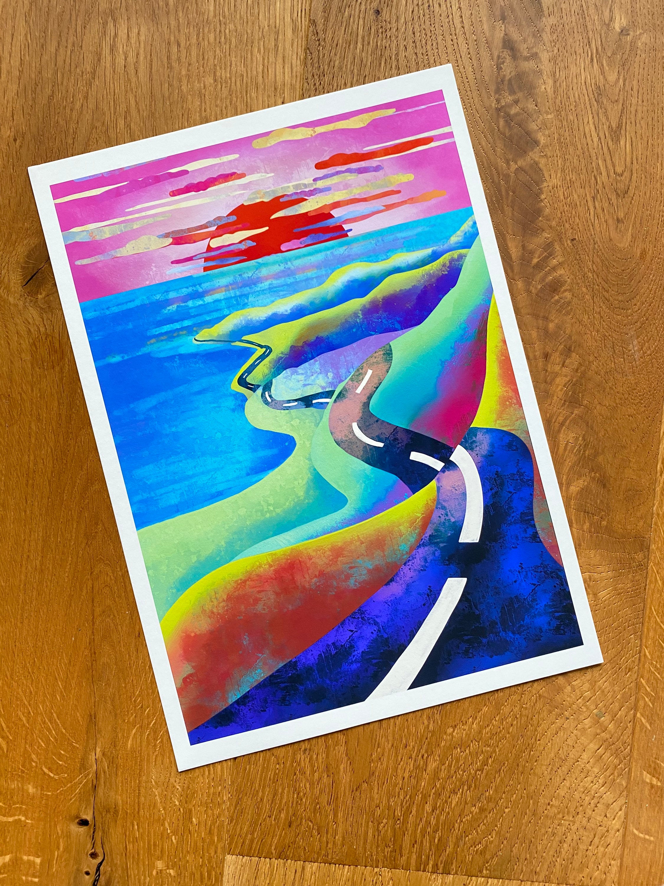 Vibrant sunset pop art print, seascape road art