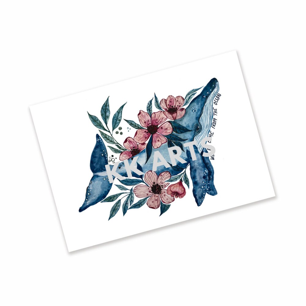 Humpback Whale Watercolor Art Print, Floral Ocean Art