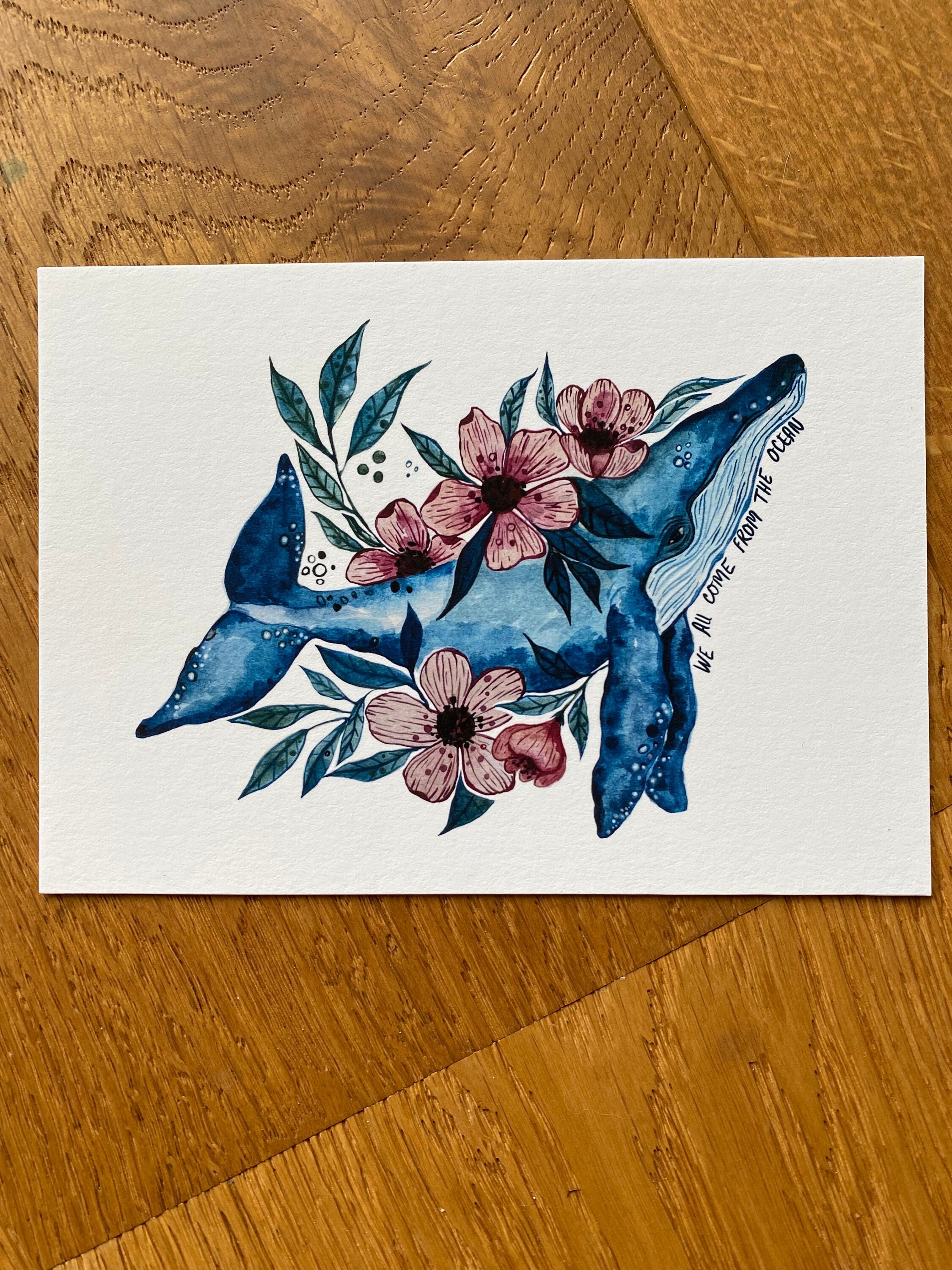 Humpback Whale Watercolor Art Print, Floral Ocean Art