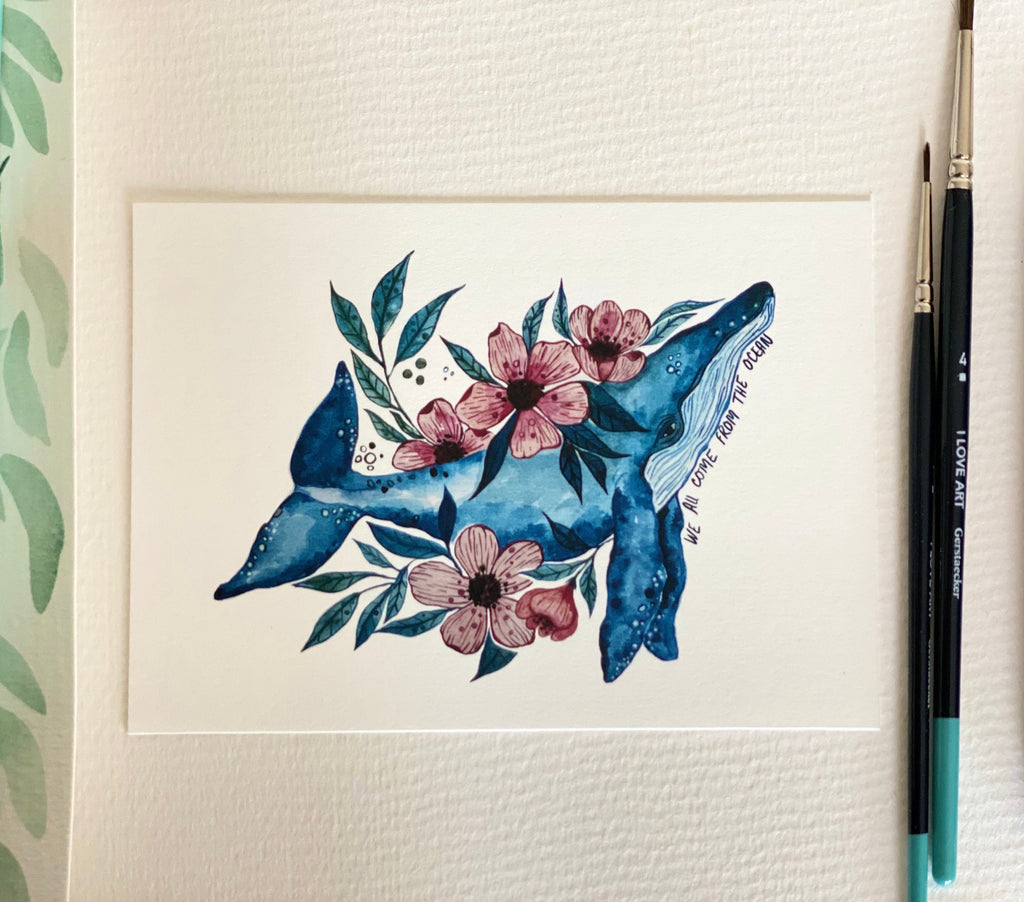 Humpback Whale Watercolor Art Print, Floral Ocean Art