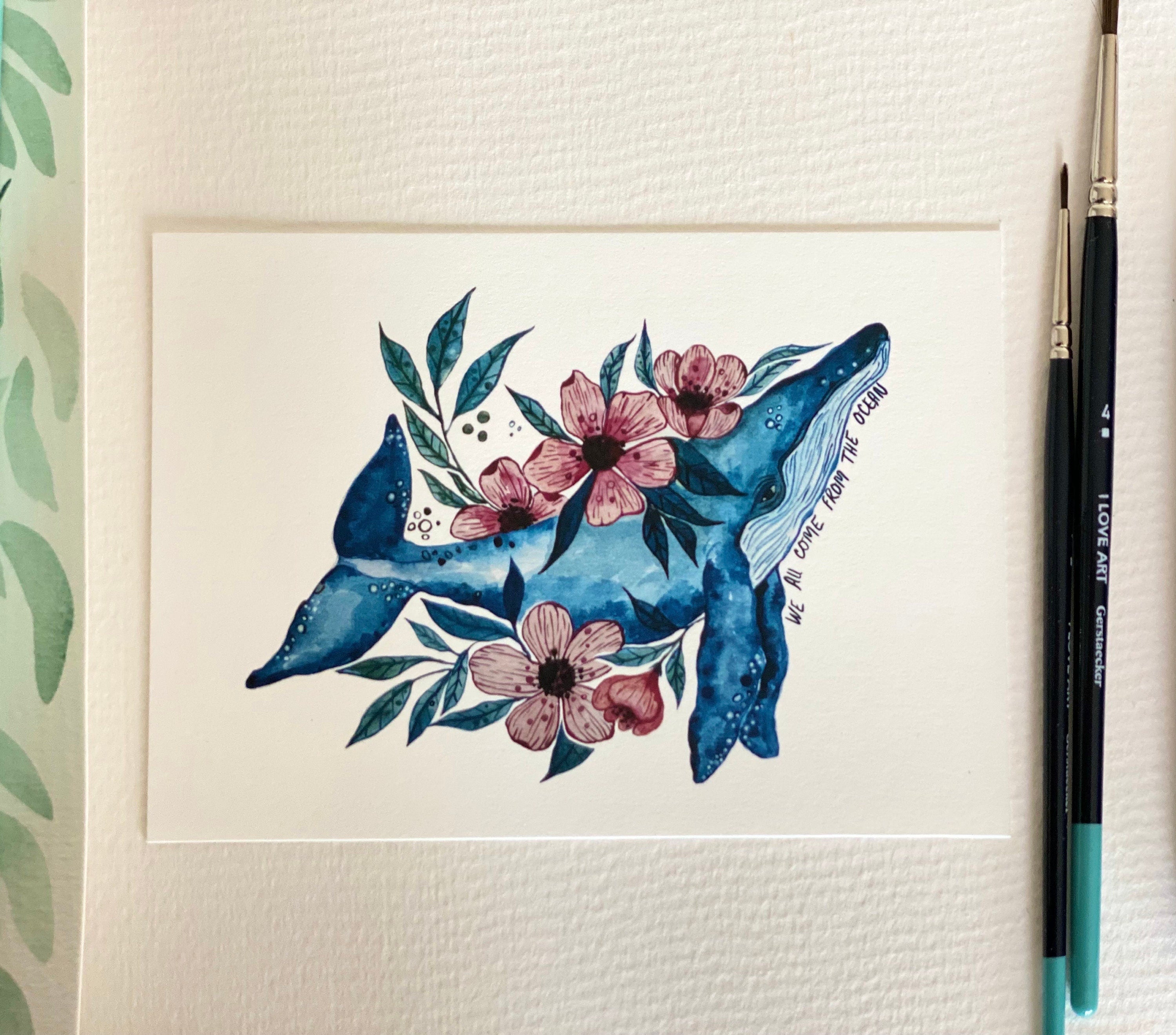 Humpback Whale Watercolor Art Print, Floral Ocean Art