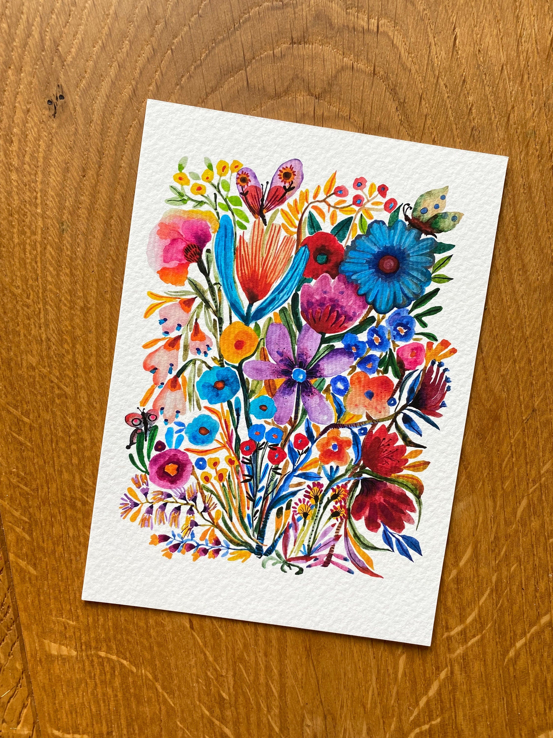 Garden Flowers original watercolor painting on textured paper