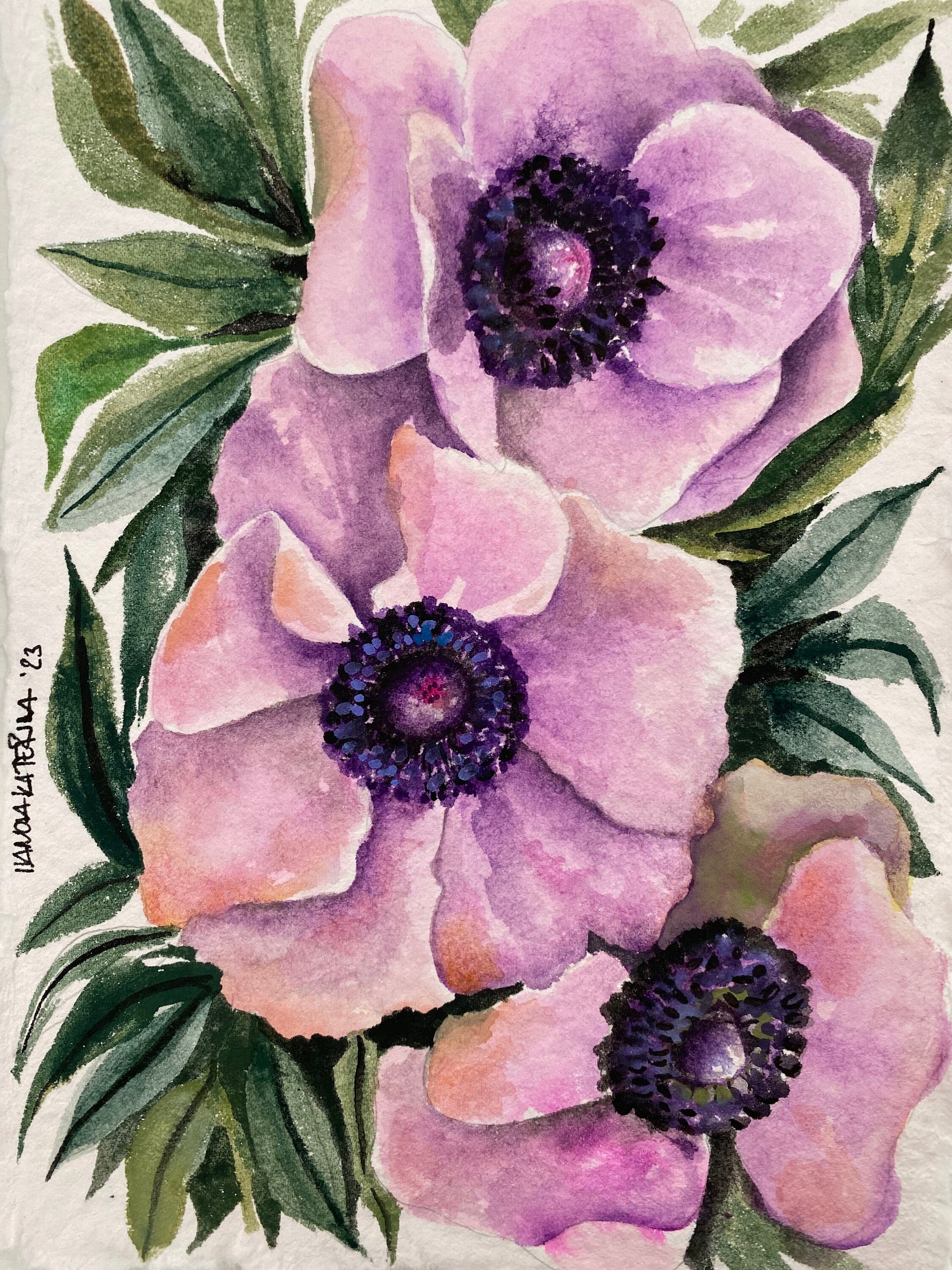 Original Anemone Flower Watercolor Painting on Handmade Paper
