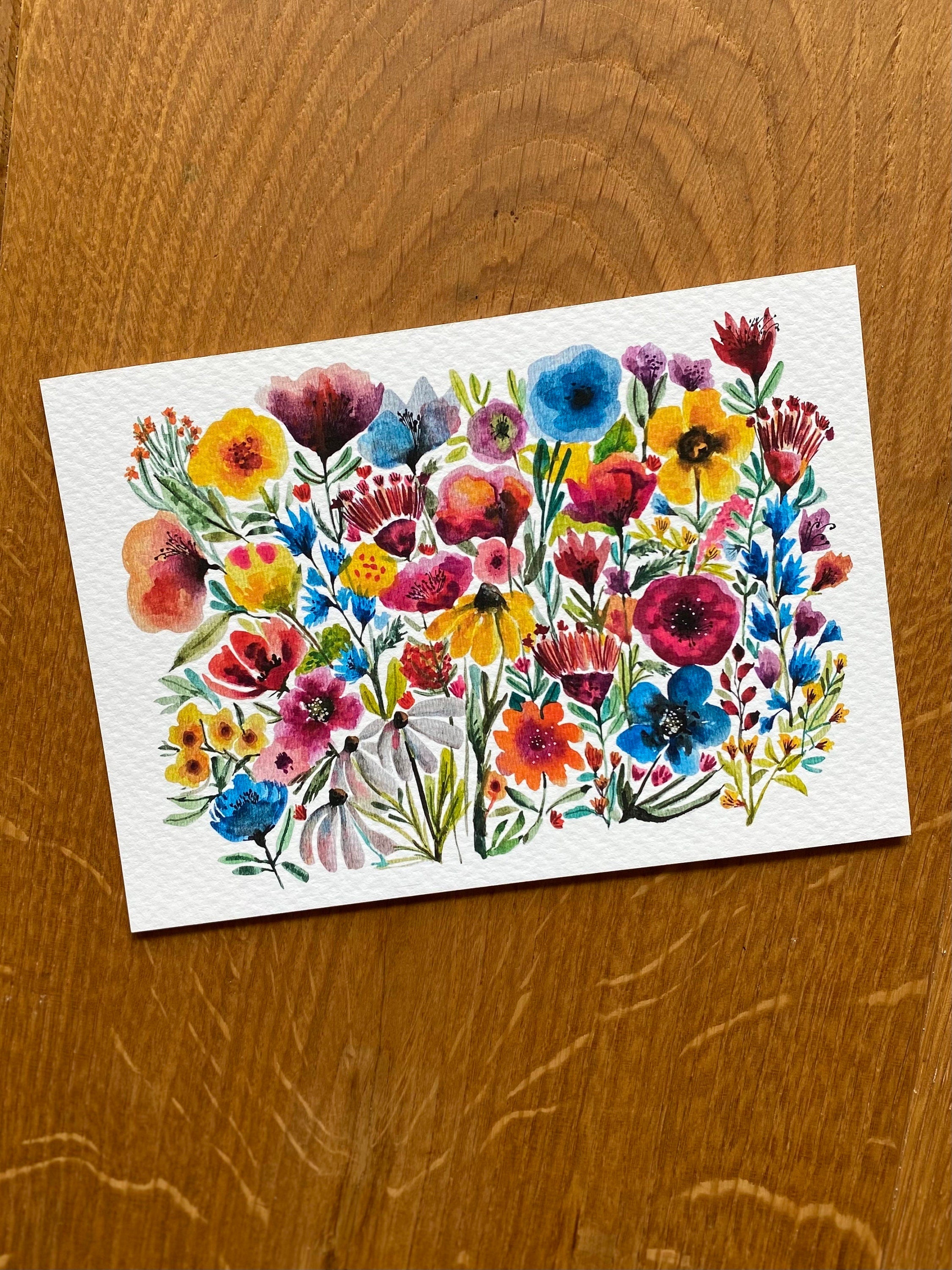 Wild Flowers original watercolor painting on textured paper