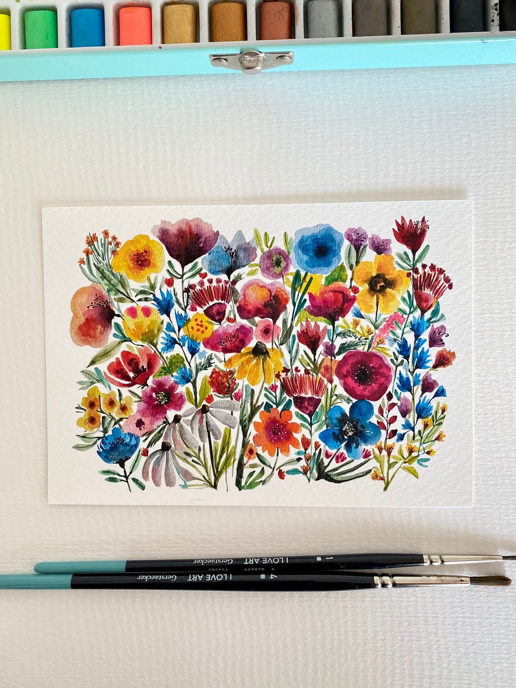 Wild Flowers original watercolor painting on textured paper