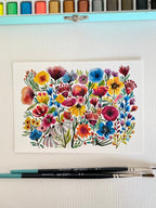 Wild Flowers original watercolor painting on textured paper