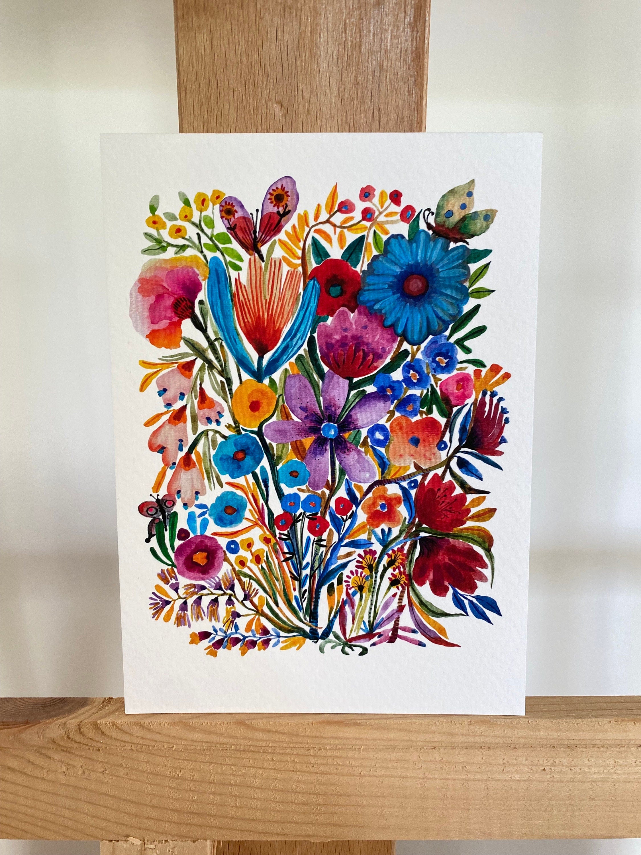 Garden Flowers original watercolor painting on textured paper